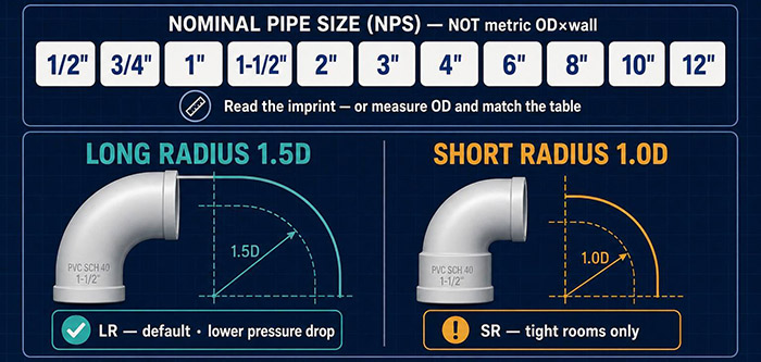 About 90 degree pvc elbow fitting size