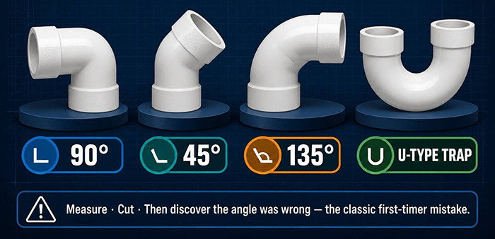 PVC elbow fittings at different angles