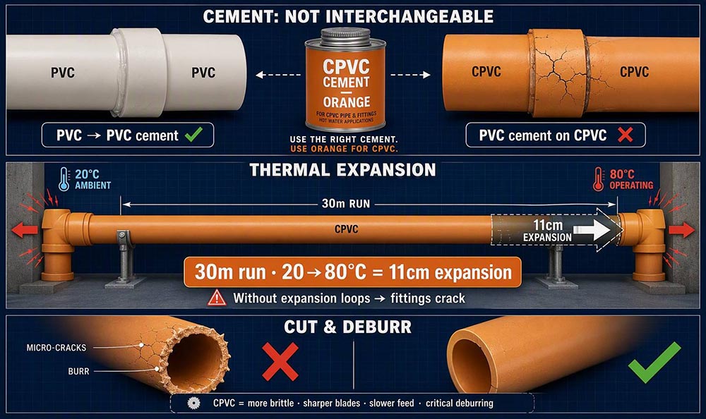 Installation differences between PVC and CPVC pipe fittings