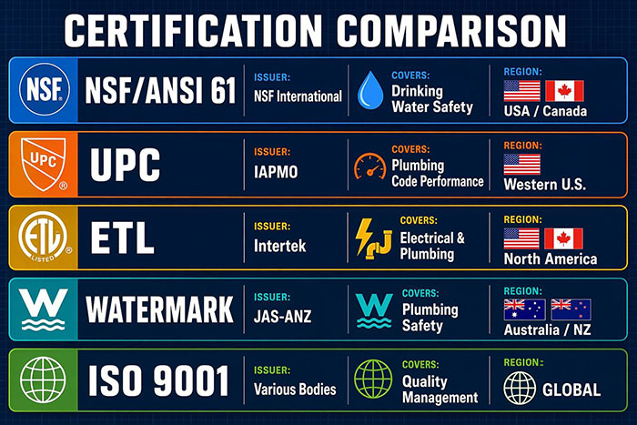 COMPARACIÓN DE CERTIFICACIONES: NSF, ANSI 61, UPC, ETL, Watermark, ISO 9001