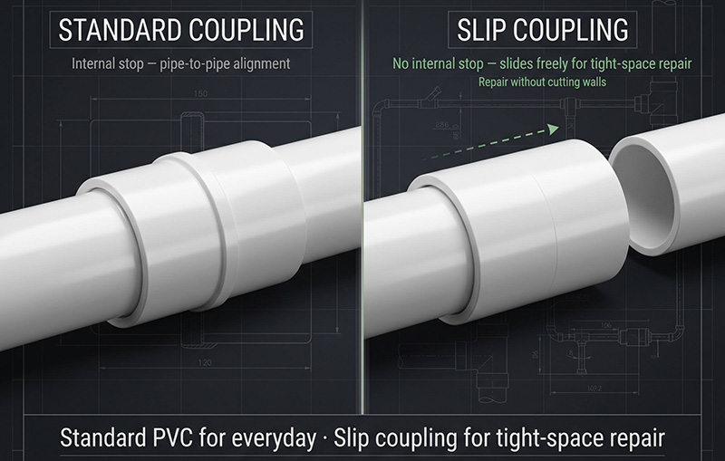 Straight pvc connectors for joining two pipes end-to-end