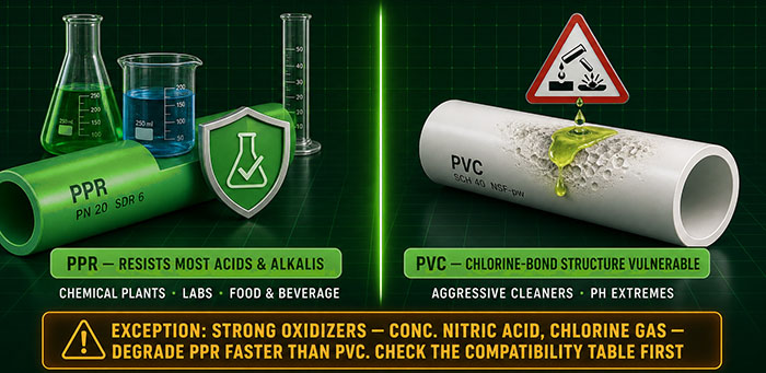 Chemical resistance of PVC and PPR pipe fittings
