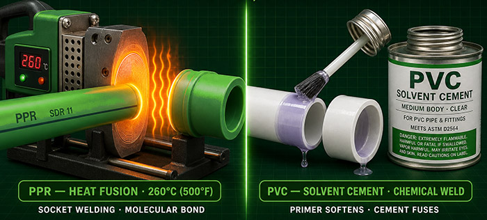 Connection methods for PPR and PVC pipe fittings