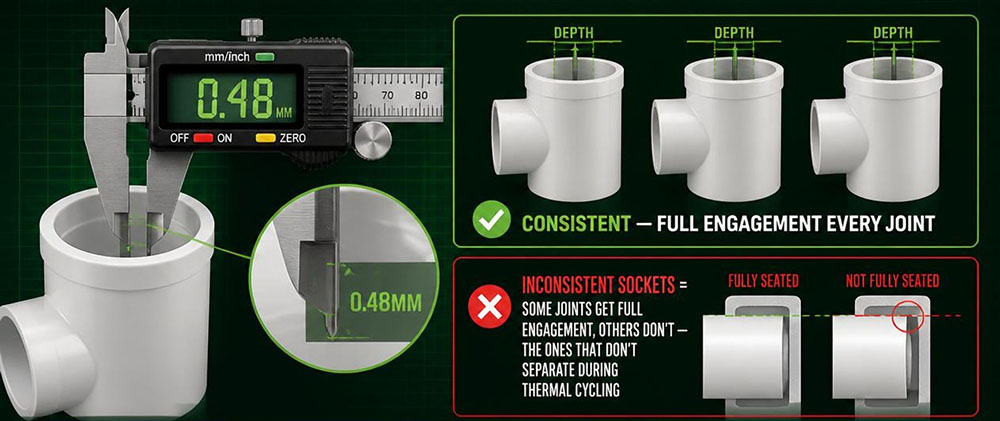 PVC drain pipe fittings installation socket depth consistency