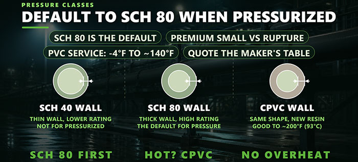 压力等级:sch 40 与 sch 80 管体,以及 CPVC 选项