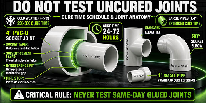 Do not test uncured PVC pipe joints.